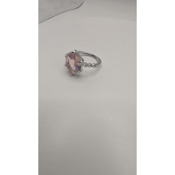 Jewelry - Silver Ring with Hexagonal Pink Gemstone and Decorative Side Stones Size 7